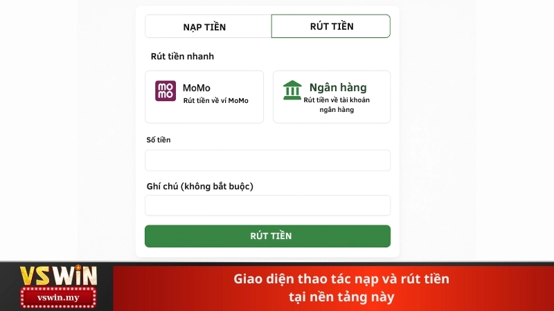 Giao diện thao tác nạp và rút tiền tại nền tảng này